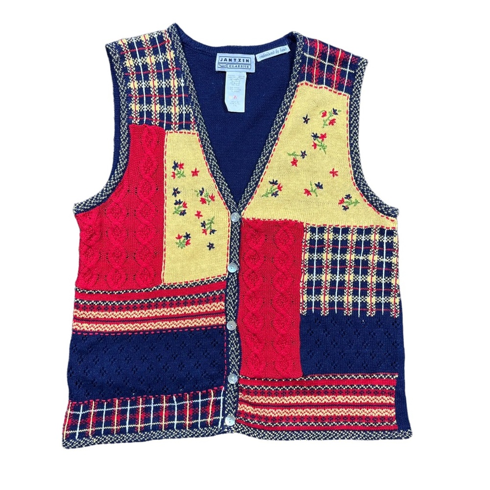 Vintage Patchwork Red Navy Yellow V-Neck Sweater Vest